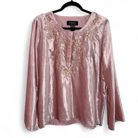 Liz Claiborne Pink Velvet Tunic Top L Boho Fairycore Whimsy Glam Embroidered - Picture 1 of 10